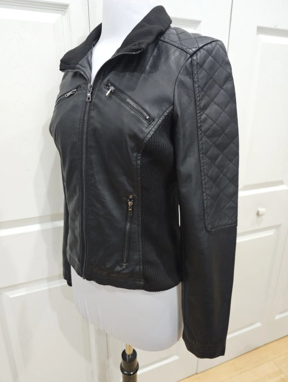 Therapy Lane Crawford Black Quilted Faux Leather Bomber Knit Zip Jacket Coat S - Picture 4 of 11